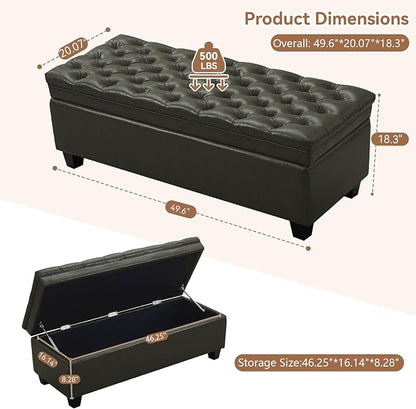WUTUTUEE 50" Faux Leather Storage Ottoman Bench, End of Bed Upholstered Rectangle Storage Ottoman Tufted Living Room Bedroom Bench with Safety Hinge, Solid Wood Legs, Loads 500 lb(Green)