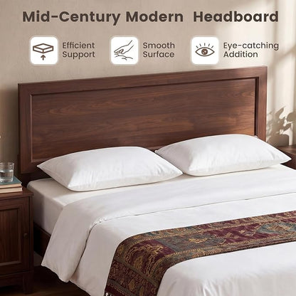 KOMFOTT Queen Size Bed Frame, Mid-Century Modern Platform Bed with Headboard, Wooden Slat Support Mattress Foundation, Under-Bed Storage Space, No Box Spring Needed (Walnut,Queen)