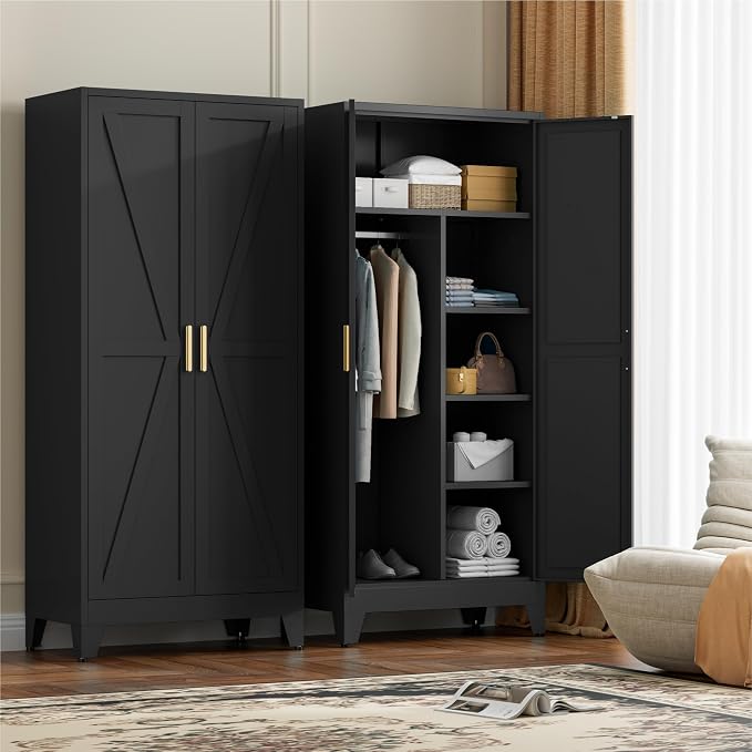 LCAOPC 71" Tall Metal Wardrobe Closet with Adjustable Shelves and Hanging Rod, 2 Doors Office Storage Locker Cabinet for Home, Office, Bedroom, Laundry Room, Black