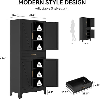 COFaR 71" Metal Pantry Cabinet with Drawer, Black Storage Cabinet with Adjustable Shelves, 3-Section Industrial Cupboard for Kitchen & Office