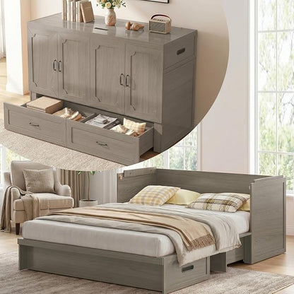 Mjkone Queen Size Murphy Cabinet Bed with Mattress Include, Queen Cube Cabinet Bed with Storage Drawer, Modern Murphy Beds with USB Charging Station for Guest Room Living Room Apartment, Grey
