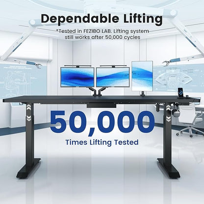 FEZIBO 63 x 37 Inch Standing Desk with Integrated Dual-Beam, Cable Management, 3 Memory Height Adjustable Computer Desk for Home Office Workstation, 1" Thick Large 3-Piece Desktop Black