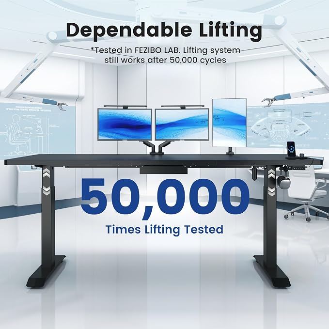 FEZIBO 71 x 37 Inch Standing Desk with Integrated Dual-Beam, Cable Management, 3 Memory Height Adjustable Computer Desk for Home Office Workstation, 1" Thick Large 3-Piece Desktop Black