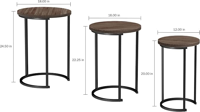 Lavish Home Nesting Tables - Set of 6 Round Side Tables with Woodgrain-Look Tops and Black Metal Frames – Modern Accent & End Table Set for Living Room, Bedroom, or Home Office (Gray/Brown)