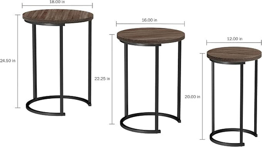Lavish Home Nesting Tables - Set of 6 Round Side Tables with Woodgrain-Look Tops and Black Metal Frames – Modern Accent & End Table Set for Living Room, Bedroom, or Home Office (Gray/Brown)