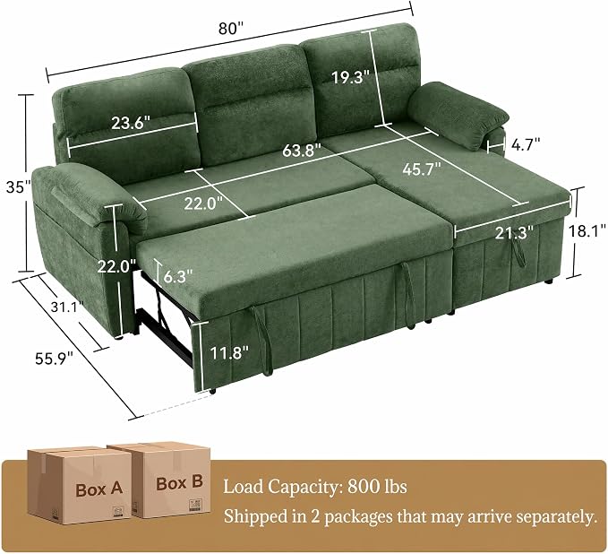 Tbfit 80'' Pull Out Sofa, 3 in 1 Sleeper Sofa Couch with USB & Storage Chaise, Cloud Sofa Bed with Pull Out Bed, Chenille Convertible Sleeper Sofas for Living Room, Small Spaces, Dark Gray