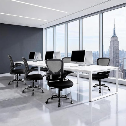 Flysky Mesh Office Chair, Ergonomic Computer Desk Chairs for Home Office - with Comfy/Comfortable Flip-up Arm Rests, Lumbar Support, Height Adjustable, 360 Degree Rolling Swivel (Black, 8 Pack)