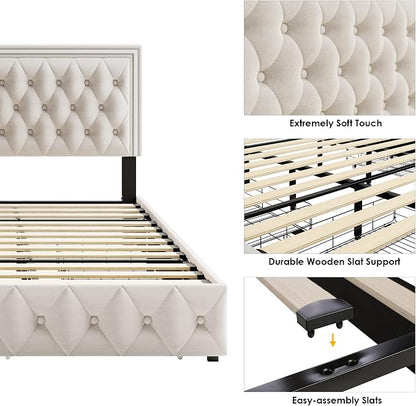 Keyluv Queen Size LED Bed Frame with 4 Storage Drawers and Adjustable Headboard, Velvet Upholstered Button Tufted Modern Platform Bed, Solid Wooden Slats Support, Easy Assembly, Beige