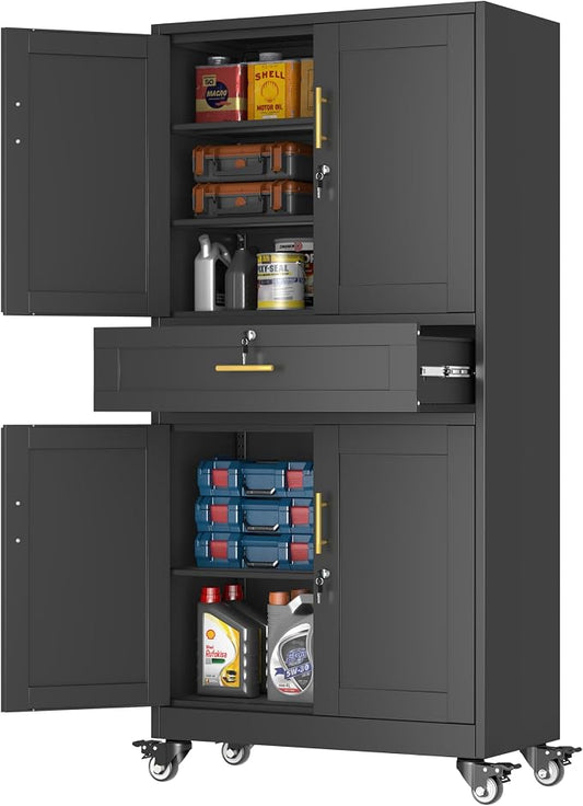 PAOFIN Metal Tall Storage Cabinet with Drawer, Garage Storage Cabinet with Locking Doors and 3 Adjustable Shelves, 71" H Steel Cabinets for Garage, Home, Office, Black, Assembly Required