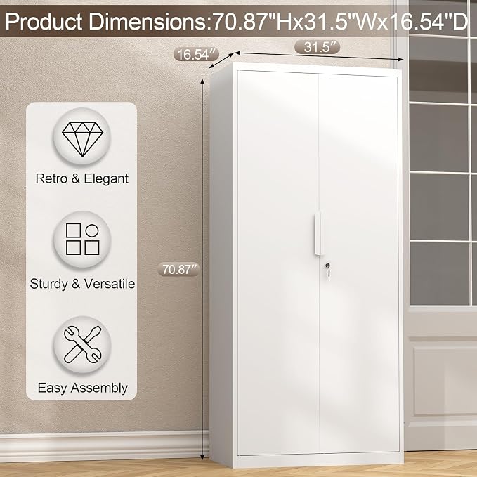 GREATMEET Metal Garage Storage Cabinets with Lock Door and Adjustable Shelves, 71'' x 32'' x 17'' White Steel Tool Cabinets for Home Office Warehouse