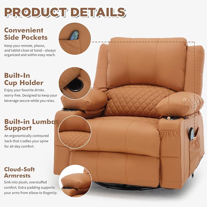 Faux Leather Recliner Chair with Heat and Massage Cup Holder, Overstuffed Swivel Rocker Recliner Chair Rocking Glider Chair Lounge Chair, Orange