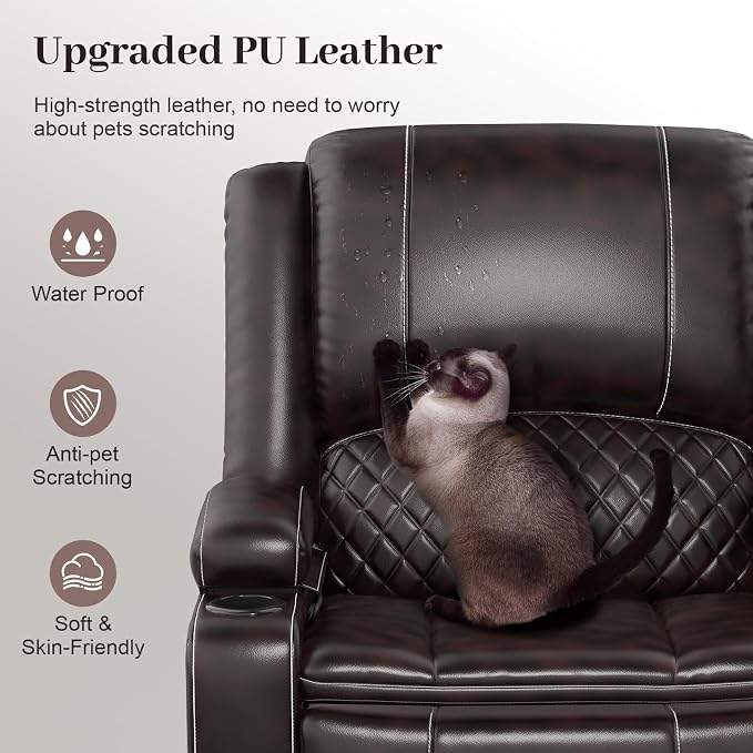 Yolsali Recliner Chairs for Adults, Oversize Manual Reclining Chair with 2-Tier Cushions, Faux Leather Recliner Chair with Hidden Storage Space, Living Room Recliner Chairs with Cup Holders - Brown