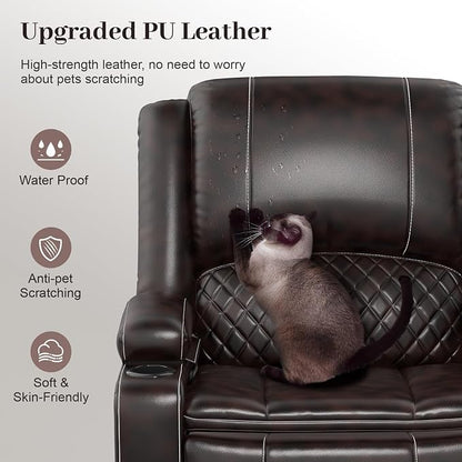 Yolsali Recliner Chairs for Adults, Oversize Manual Reclining Chair with 2-Tier Cushions, Faux Leather Recliner Chair with Hidden Storage Space, Living Room Recliner Chairs with Cup Holders - Brown