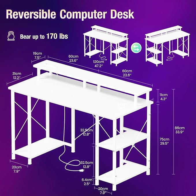 DUMOS 47” Gaming Desk with USB Charging Ports & LED Lights, Reversible Computer Desk with Drawers, PC Desk for Home Office Small Space, Gaming Table Fits PC Towers, White
