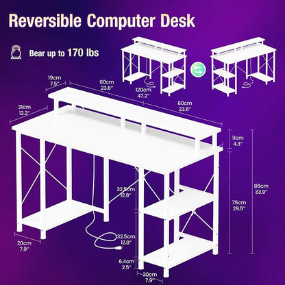 DUMOS 47” Gaming Desk with USB Charging Ports & LED Lights, Reversible Computer Desk with Drawers, PC Desk for Home Office Small Space, Gaming Table Fits PC Towers, White