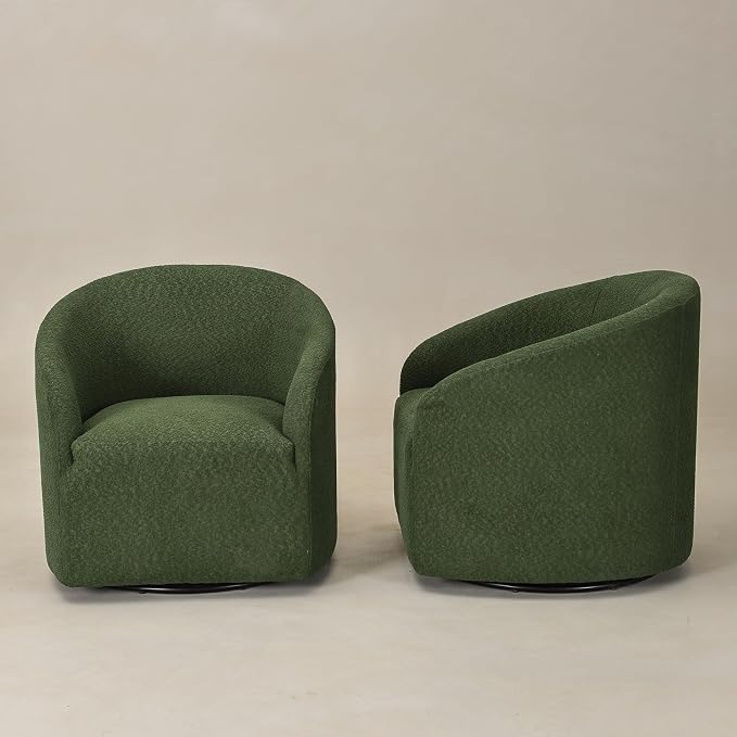 KINWELL 32" Wide Modern Boucle Swivel Barrel Chairs Set of 2, No Assembly Round Upholstered Swivel Accent Armchairs for Living Room, Bedroom (Green)