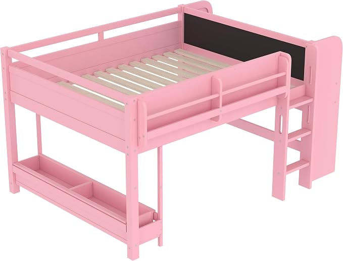 Bellemave Full Size Low loft Bed with Desk and bookcases, Boxes and Drawers for Kids,Wood Modern Farmhouse Kids Loft Bed with Shelf, Pink