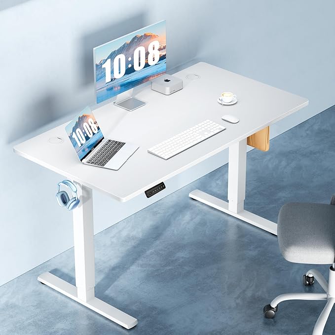 DUMOS 40 Inch Electric Standing Desk Height Adjustable, Sit to Stand Up Computer Workstations Work PC Table Home Office Study Writing Gaming Desks with Memory Presets for Walking Pad, Bedroom, White