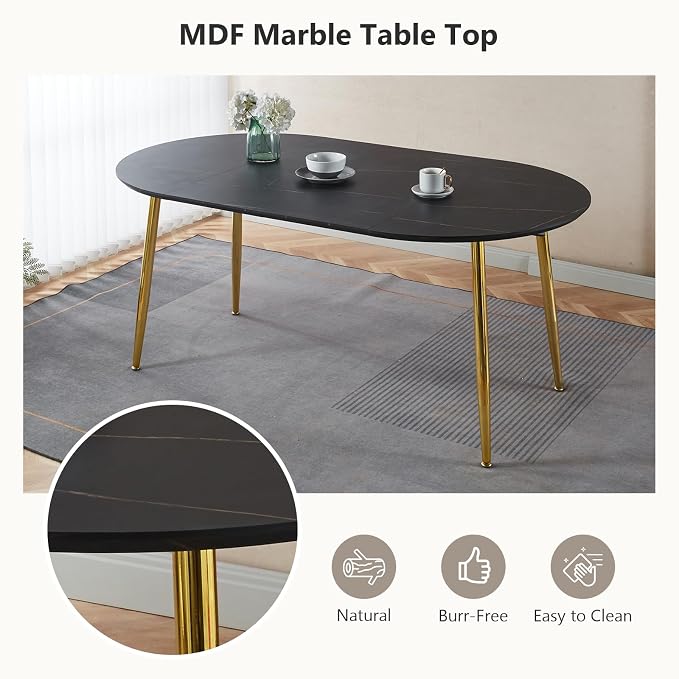 70” Extendable Round Dining Table for 4 6 Modern Oval Dining Room Table Expandable Large Dinner Table for Kitchen Faux Marble Top Gold Metal Leg Black