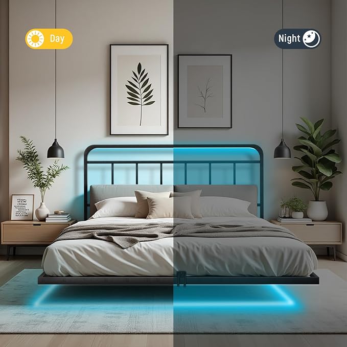 Floating Queen Size Platform Bed Frame with LED Lights & Charging Station - Includes Powered Screwdriver for Assembly, Mattress Fasteners & Corner Pads, Hardened Steel
