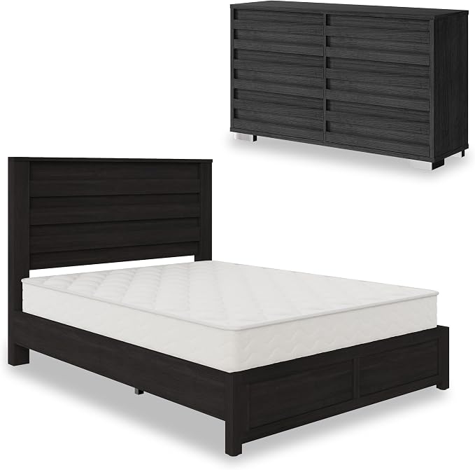 AMERLIFE 2-Piece Farmhouse Bedroom Set, Full Bed Frame and 6 Drawer Dresser, Platform Bed with 49" Fluted Headboard, 54" Wide Wood Chest of Drawer for Bedroom, Black