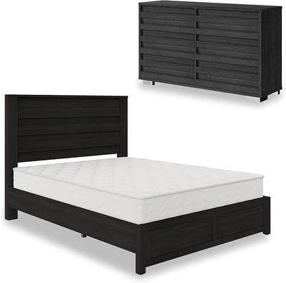 AMERLIFE 2-Piece Farmhouse Bedroom Set, Full Bed Frame and 6 Drawer Dresser, Platform Bed with 49" Fluted Headboard, 54" Wide Wood Chest of Drawer for Bedroom, Black