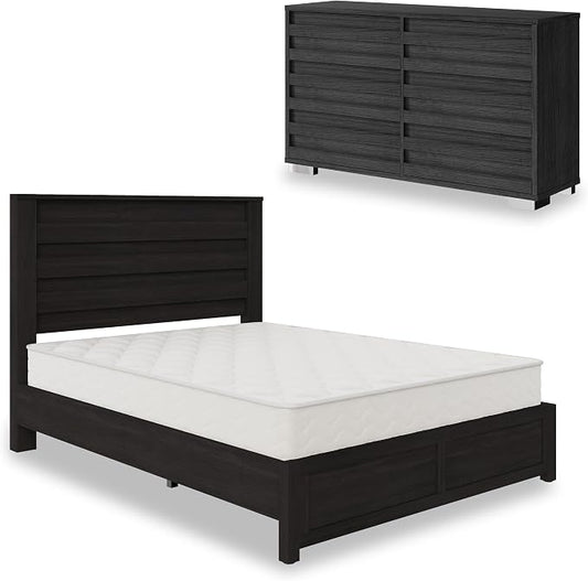 AMERLIFE 2-Piece Farmhouse Bedroom Set, Full Bed Frame and 6 Drawer Dresser, Platform Bed with 49" Fluted Headboard, 54" Wide Wood Chest of Drawer for Bedroom, Black