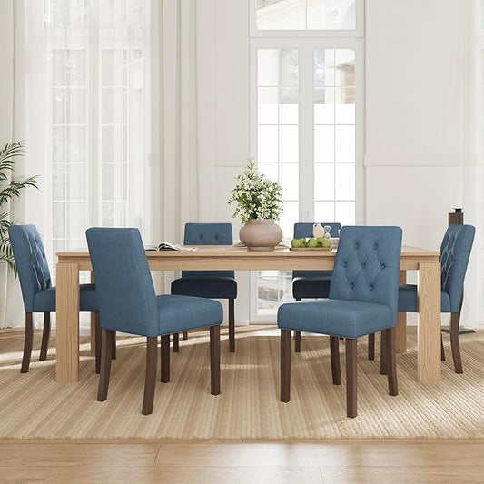 Upholstered Dining Chairs Set of 6, Modern Fabric Dining Chairs with Tufted Design, Kitchen Side Chairs, Farmhouse Dinner Chair with Wood Legs for Kitchen Restaurant Living Room, Blue