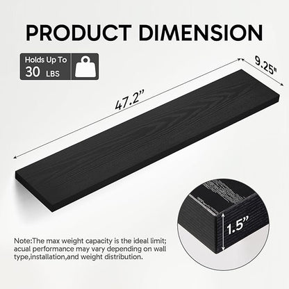 BAYKA Floating Shelves, 47.2 inches Long Heavy Duty Wall Mounted Rustic Wood Shelves for Bathroom, Bedroom, Living Room, Kitchen, Office, Hanging Shelf for Books/Storage/Decor(Black,Set of 2)
