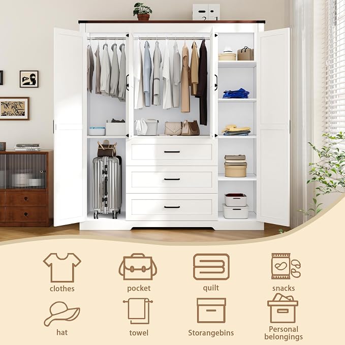 4 Doors Wardrobe Armoire Closet with Drawers, Farmhouse Wooden Armoire Storage Cabinet with Adjustable Shelves & Hanging Rod, 70" Freestanding Clothing Storage Cabinet for Bedroom, White