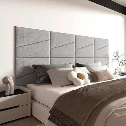 Peel and Stick Headboard for Queen Bed Linen Fabric Upholstered Wall Mounted Headboard - Wall Padding Panel in Light Grey for Bedroom/Living Room/Dorm (6 Panels)