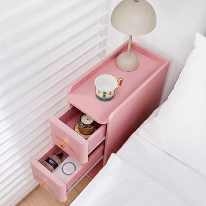 Pink Narrow Nightstand, Wooden Small 2 Drawer Nightstand, Slim Side End Table, Skinny Bedside Table, Mid Century Modern Night Stand with Drawers, for Living Room (Pink-1 pc)