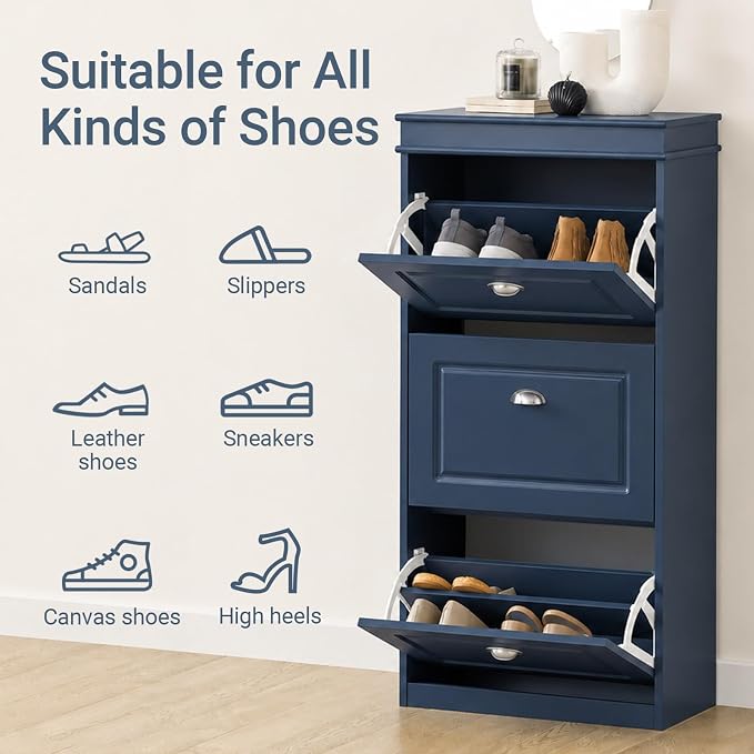 Haotian Shoe Cabinet with 3 Flip Drawers, Freestanding Shoe Rack for Entryway, Shoe Organizer with Hidden Drawer, Navy Blue, FSR94-B (9.45" D x 20.87" W x 46" H)