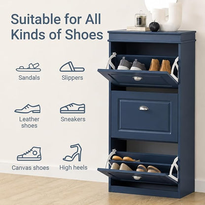Haotian Shoe Cabinet with 3 Flip Drawers, Freestanding Shoe Rack for Entryway, Shoe Organizer with Hidden Drawer, Navy Blue, FSR94-B (9.45" D x 20.87" W x 46" H)