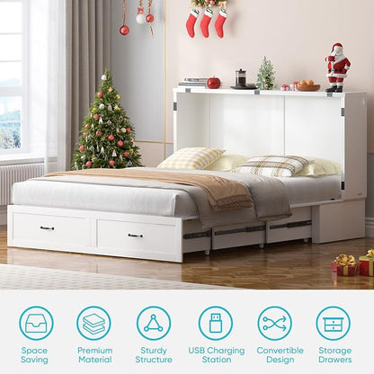 CECER Queen Murphy Bed with Mattress，Space Saving and Easy Assemble-White | Built-in Multi-Port Charging Station ＆ Large Storage Drawer，Sturdy frame ＆ Easy to Move Track
