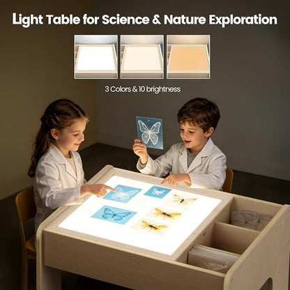 Light Table for Kids, 3-in-1 Kids Activity Table with Storage and Adjustable LED Lights, 3 Colors & 10 Dimmable Brightness, for Home Classroom Preschool & Playroom