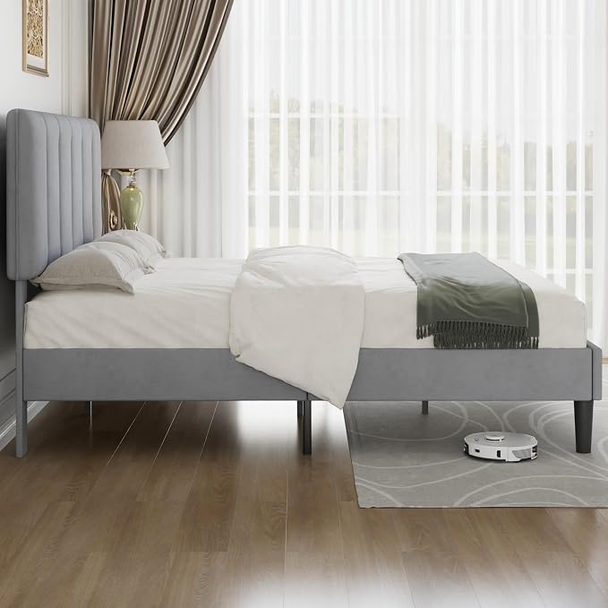 VECELO Full Size Bed Frame with Upholstered Headboard, Heavy-Duty Bedframe with Strong Wooden Slats Support, No Boxing Spring Needed, Light Grey