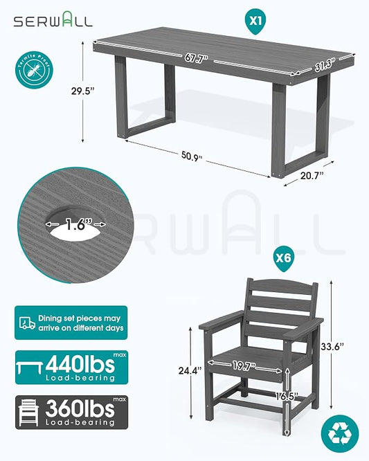 SERWALL HDPE Outdoor Dining Set for 6, 67'' Patio Table and Chairs Set | with Armchair Seat