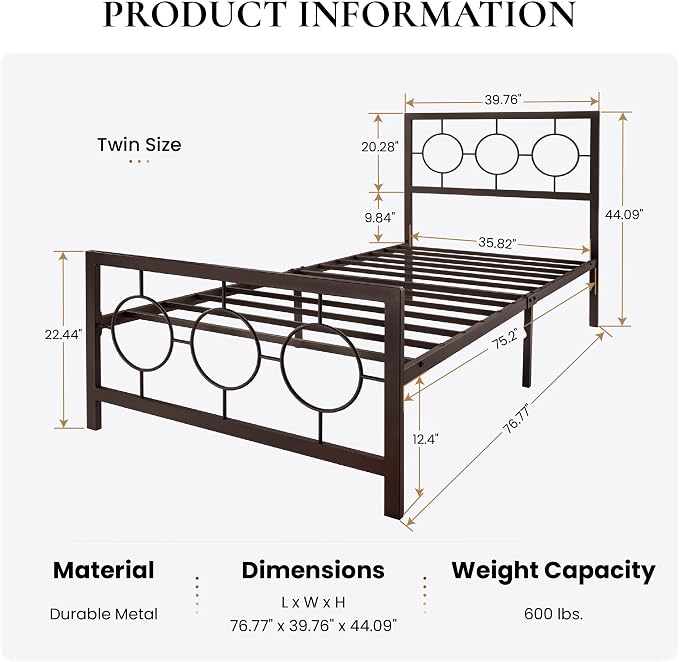 SHA CERLIN Twin Metal Bed Frame with Vintage Circular Design Headboard and Footboard, No Box Spring Required, Easy Assembly, Noise-Free,Brown