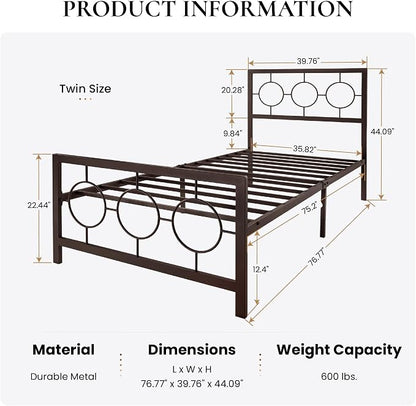 SHA CERLIN Twin Metal Bed Frame with Vintage Circular Design Headboard and Footboard, No Box Spring Required, Easy Assembly, Noise-Free,Brown