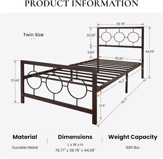 SHA CERLIN Twin Metal Bed Frame with Vintage Circular Design Headboard and Footboard, No Box Spring Required, Easy Assembly, Noise-Free,Brown