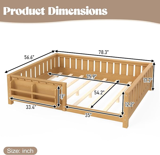 Bellemave Full Size Floor Bed with high Rails and with Built-in Bookshelf for Kids, Girls, Boys, Wood Montessori Floor Bed Without Door, Light Natural