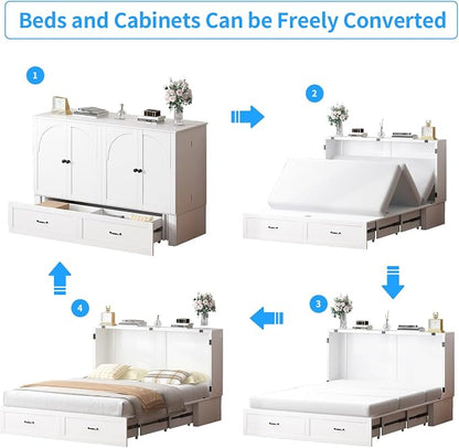 PUREMIND Murphy Bed Queen with Mattress Included, Arched Frame Cabinet Beds Chest with Charging Station & Storage Drawers, Convertible Hideaway Cabinet Bed for Guest Room, White