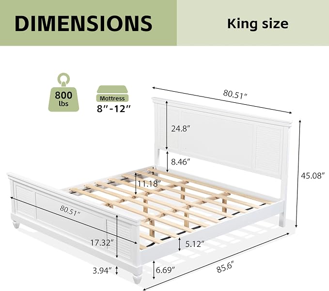 Merax King Size Bed Frame and Wood Headboard, Farmhouse White Platform Bed Frame with Sturdy Wooden Support Slats, No Box Spring Needed, Holds up to 800 Pounds, Noise-Free, Easy Assembly