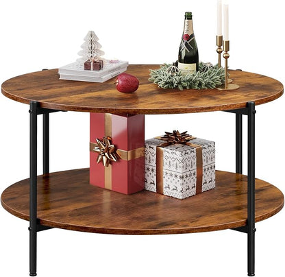 WLIVE Round Coffee Table, 32.6" Small Coffee Table with Storage Shelf, 2-Tier Circle Wood Center Table for Living Room, Apartment, Rustic Brown (Rustic Brown, 32.6" D x 32.6" W x 17.5" H)
