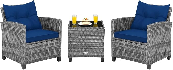 COSTWAY 3-Piece Patio Furniture Set, Outdoor Wicker Rattan Sofa with Cushions, Coffee Table with Tempered Glass, Conversation Sofa Set for Poolside Backyard Balcony (Navy)