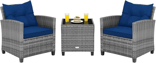COSTWAY 3-Piece Patio Furniture Set, Outdoor Wicker Rattan Sofa with Cushions, Coffee Table with Tempered Glass, Conversation Sofa Set for Poolside Backyard Balcony (Navy)