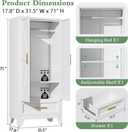 71" Tall Metal Armoire Wardrobe Closet,17.7" Deep By 31.5" Wide Portable Closet for Hanging Clothes,Wardrobe Cabinet with Drawer and Shelve for Bedroom Office Garage,White 1 Pack