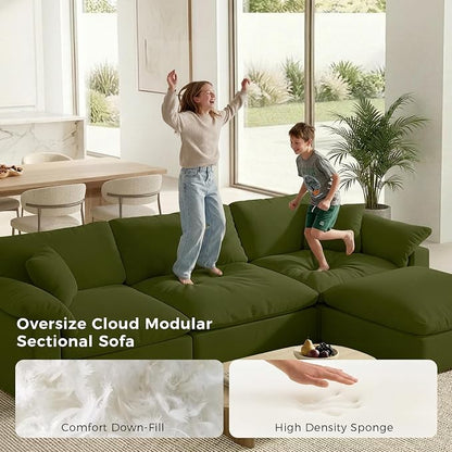 Modular Sectional Sofa Cloud Couch,Down Filled Comfy Cloud Modern Sofa,Green Linen L Shape Oversized Couch Cushion Covers Removable Furniture for Living Room