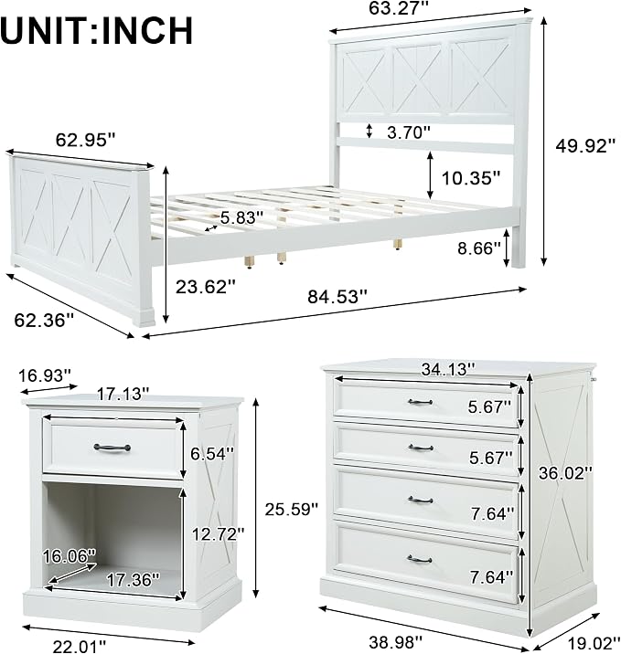 Harper & Bright Designs 4 Piece Bedroom Set, Rustic Queen Size Bedroom Furniture Sets with Storage Nightstands and 1 Dresser, Bedroom Furniture Sets with Wood Platform Bed Frame for Bedroom, White